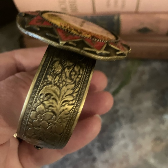 Vintage Antique? Brass Porcelain Asian Cuff Bracelet Floral etching Geisha Boho - Picture 4 of 10